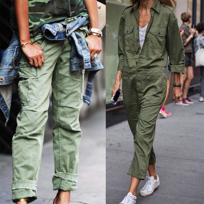Models wearing fatique olive colour cargo pant and jumpsuit while walking in the street.