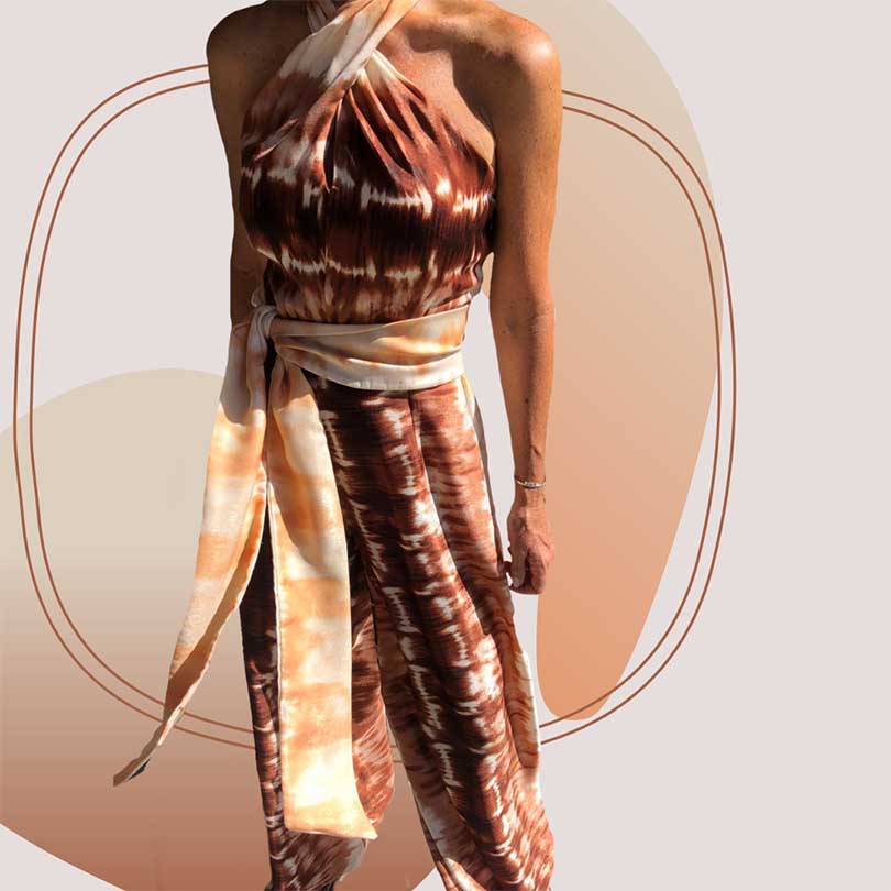 Model wearing chocolate and natural colour tie dye jumpsuit