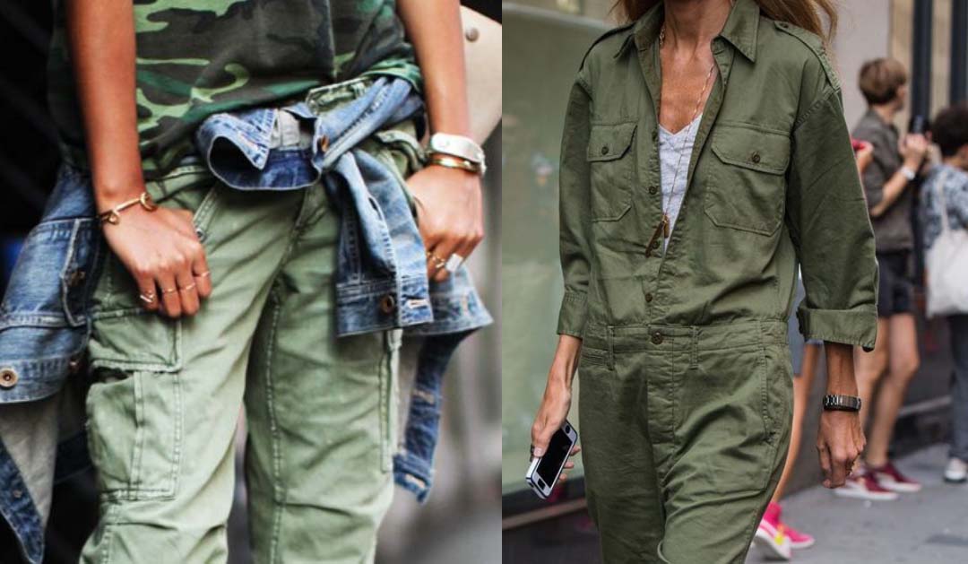Models wearing fatique olive colour cargo pant and jumpsuit while walking in the street.