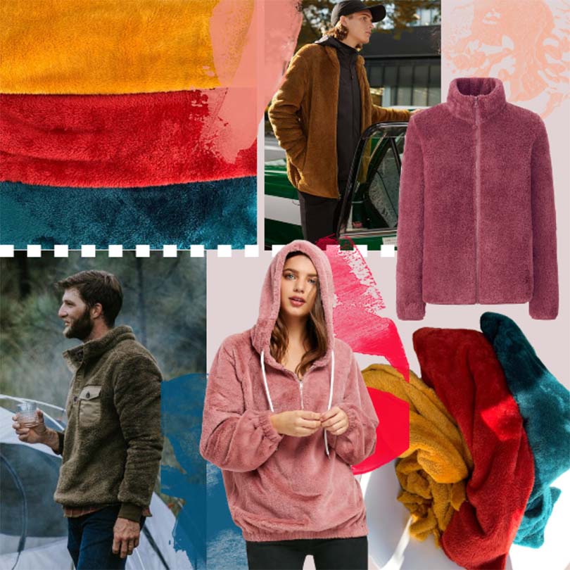 Collage of photos with models wearing winter fleece sweaters and hoodies.