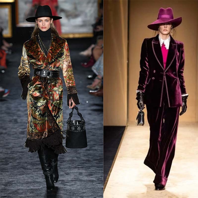 Models on catwalk wearing velour coats and jackets