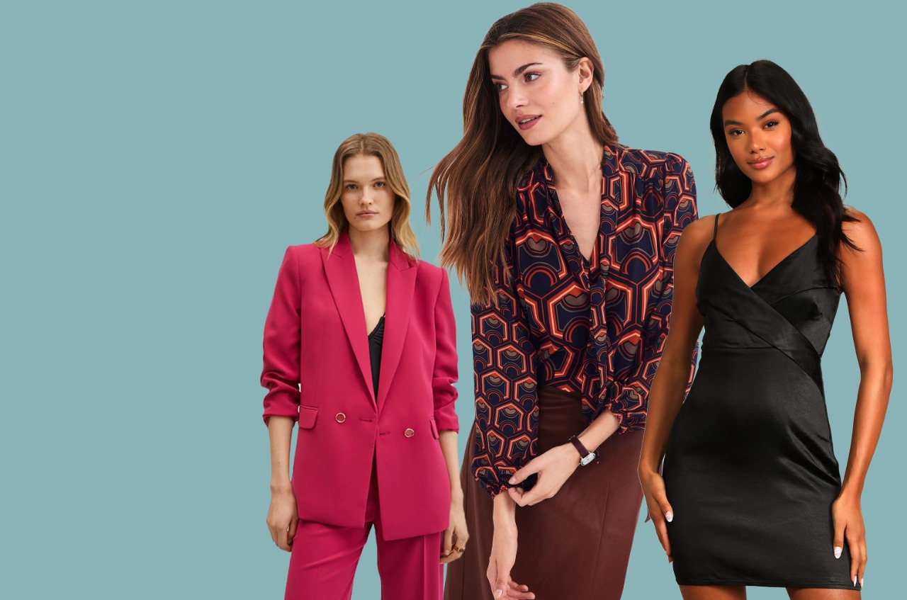 3 models with 1 wearing a suit, 2nd blouse and pencil skirt & 3rd strappy mini dress.